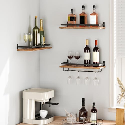 Image of HOOBRO Wall Mounted Wine Rack 3 Pack, Wine Rack with Glass Bottle Holder, Hanging Wine Shelves with Stemware Hanger, Wine Display Storage Rack for Home Bar, Kitchen, Dining Room, Rustic Brown BF34BJ01