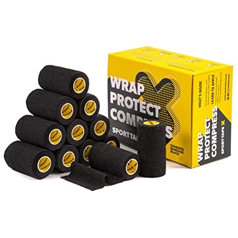 12 Rolls SPORTTAPE Cohesive Bandage | Self Adherent Vet Wrap - 7.5CM x 4.5M - Black | Football Sock Wrap & Shin Guard Tape for Wrist & Ankle Sprains, Swelling & Compression Cover