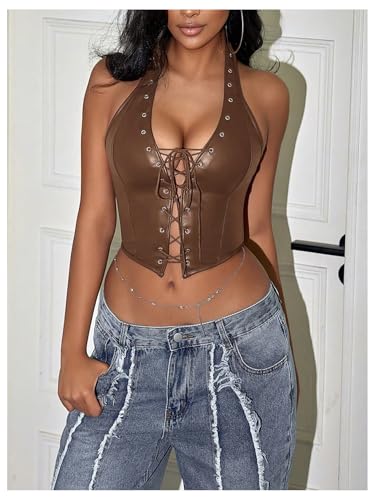 Image of WDIRARA Women's Punk PU Leather Halter Top Grommet Eyelet Tie Front Corset Crop Top