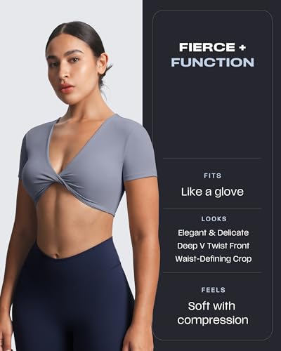 Image of Aoxjox Short Sleeve Crop Tops for Women Sienna Twist Deep V Workout Cropped T Shirt Top (Lazuli, Small)