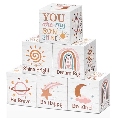 Image of Vertintong 6 Pcs 1.6 Inch Inspirational Boho Rainbow Nursery Decor Baby Wooden Blocks Sun Clouds Butterfly Decor Motivational Sign for Nursery Shelf Baby Bedroom Playroom(Rainbow Style)