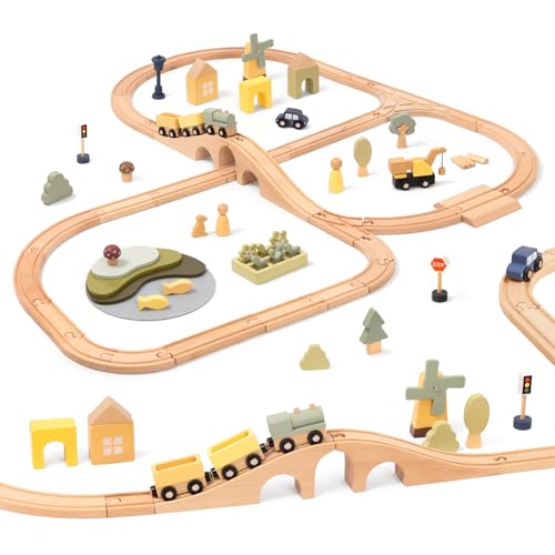 Image of OOOK Multi-Scenario Wooden Train Set,All Wood Accessories Train Set for Toddlers 3 Years Old, Multi-Scenario Train Toy for 3 4 5 Years Old Girls & Boys