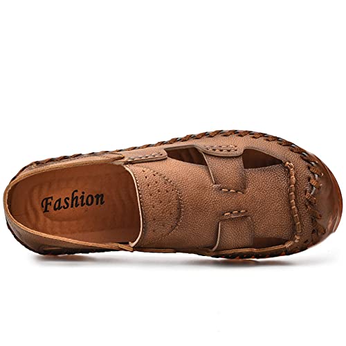 Dzujy Mens Closed Toe Leather Sandals For Men Breathable Summer Shoes Fisherman Men's Slippers Flip Flops Brown Big Size 11.5 Outdoor Casual Shoe Man Beach Sport Hiking Work Male #TOP3