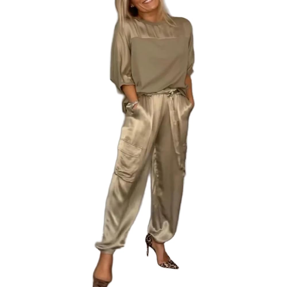 MoliloveWomen's Satin 2 Piece Outfits Summer Short Sleeve Crew Neck Top High Waist Cargo Pants Set Two Piece Tracksuit 2024