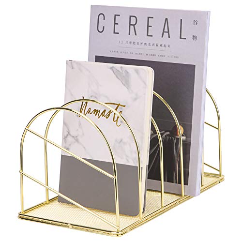 Simmer Stone File Sorter Organizer, 5 Section Magazine Holder Rack, Wire Desk Bookshelf for Mail, Document, Folder, Record and More, Creative Arched Shape, Gold