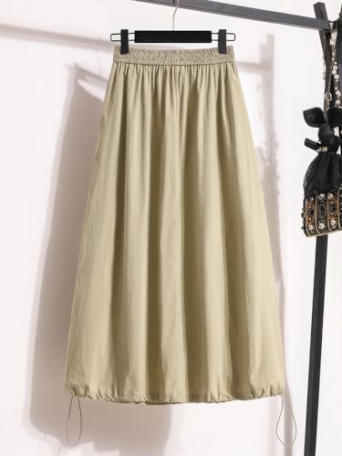 ebossy Women's Drawstring Parachute Skirt Vintage Cotton Elastic Waist A-Line Long Cargo Skirts with Pockets2