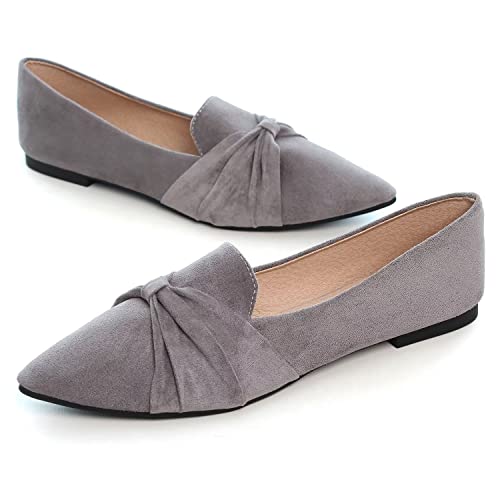 Hee grand Bowknot Pointed Toe Ballet Flats for Women Comfort Slip-On Loafers Walking Flats Suede Dressy Shoes