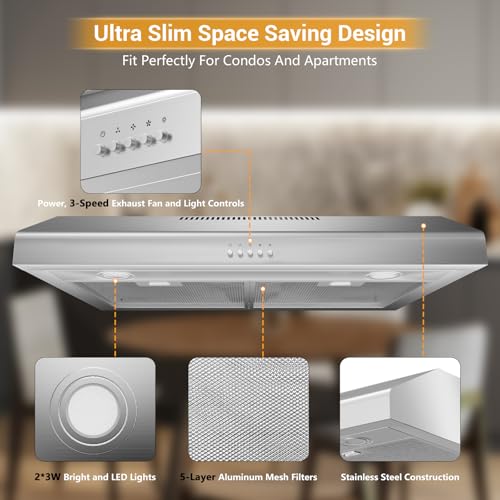 500 CFM Range Hood 30 Inch, Under Cabinet Range Hood for Duct/Ductless Convertible, Stainless Steel Kitchen Stove Vent Hood with 3 Speed Kitchen Exhaust Fan and Two Bright Energy-Saving LED Light