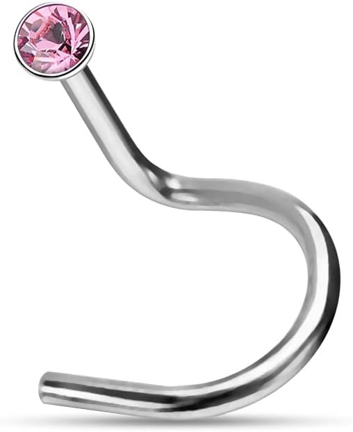 Crystal Gemstone Top 20 Gauge (0.8mm) 316L Surgical Steel Corkscrew Twist Nose Screw - Tiny Nose Stud - Nose Piercing Body Jewelry