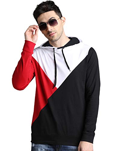 Image of LEWEL Men's Stylish Hooded Full Sleeve Colorblock T-Shirt (Red, White, Black)