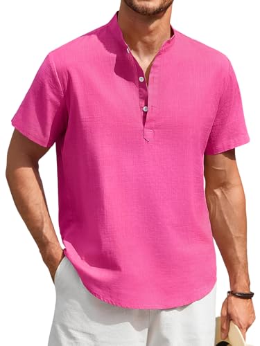 Enlision Chemise en Lin Homme Manches Courtes Chemises Fushia Homme sans Col Mao Chemisette Ete Casual Respirant Léger Confortable T-Shirt Grande Taille 4XL