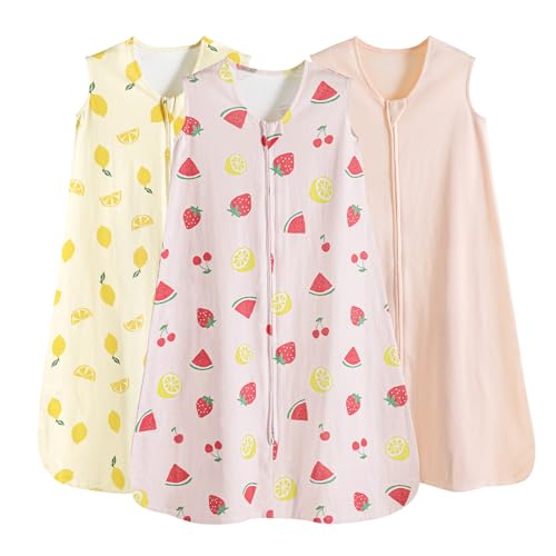 Image of PHF 100% Organic Cotton Baby Sleep Sack 12-18 Months, Soft Lightweight Wearable Blanket for Babies, 2-Way Zipper 0.3 TOG Comfy Toddler Sleeping Sack 3 Pack for Boys Girls Neutral, Lemon (Large)