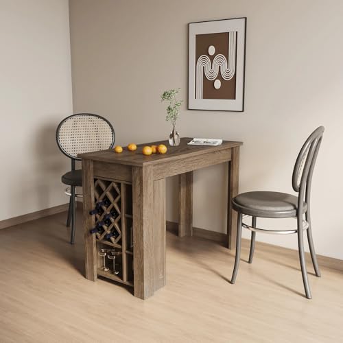 FSC Certified Small Dining Table with Wine Rack and Storage Shelves for Kitchen & Dining Room, Space-Saving Multifunctional Bar Table for Small Spaces