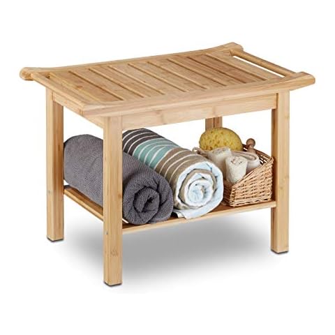 Relaxdays 10020949 Tabouret de salle de bain en bambou banc nature bois compartiment meuble HxlxP Cover