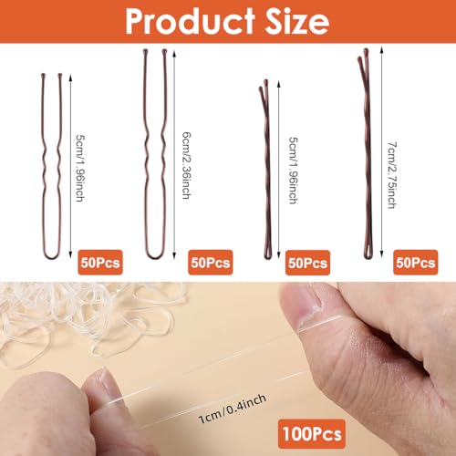 Image of MAYCREATE 300pcs Bobby Pins Hair Pins U Pins with Mini Rubber Hair Ties, Stylish Brown Metal Bobby Pins for Updos, Holding Stray Strands, Hair Accessories Hair Pins for Girls Women