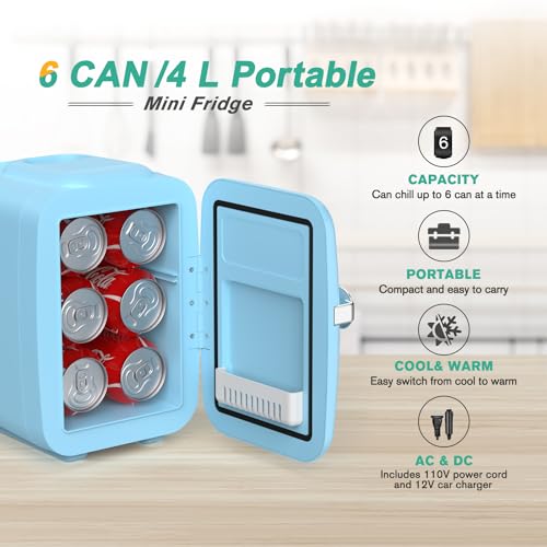 CROWNFUL Mini Fridge, 4 Liter/6 Can Portable Cooler and Warmer Personal Fridge for Skin Care, Cosmetics, Food,Great for  - Additional View