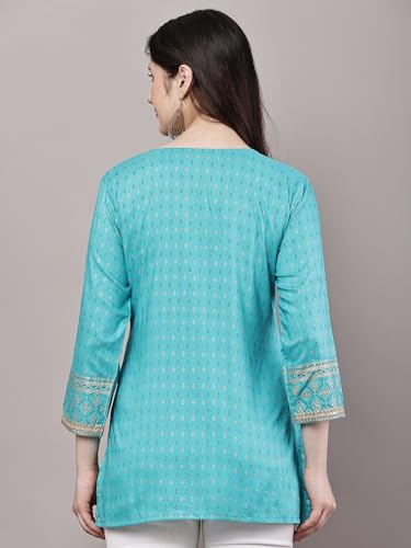 Image of Women's Pink Printed Short Kurti with Lace Trim, 3 /4 Sleeves, Ethnic Indian Style Top