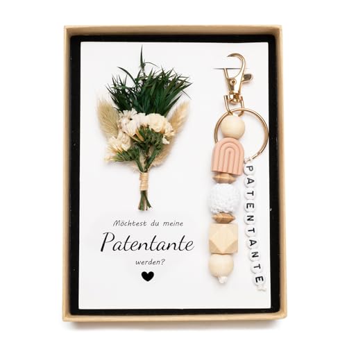 ZJKUBOIS Patentante Fragen Geschenk - Schlüsselanhänger mit Möchtest du meine Patentante werden | Grußkarten | Getrocknete Blume | Geschenkbox Schwangerschaft Verkünden Taufgeschenke für Paten