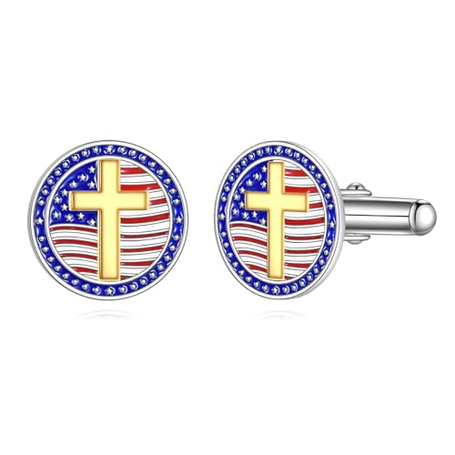 American Flag Cufflinks 925 Sterling Silver USA Cross Flag Cuff links Suitable Business Wedding Jewelry Gifts for Men
