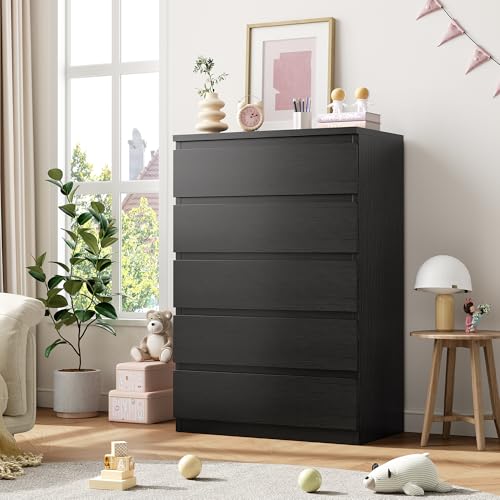 Jocoevol Kommode mit 5 Schubladen für Schlafzimmer, 60 x 39 x 100 cm, Modernes Schlichtes Design, Holzkommode mit tiefen Schubladen, für Wohnzimmer, Flur oder Eingangsbereich, Schwarz