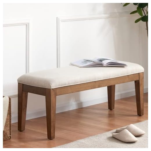 HUIMO Upholstered Entryway Bench, Bedroom Bench for End of Bed, Dining Bench with Padded Seat for Kitchen, Living Room, Fabric Solid Wood Indoor Bench (Beige)