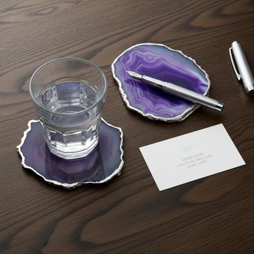 Image of Natural Agate Stone Tea Coasters Set | Premium Stone Coasters for Tea, Coffee & Glass | Heat Resistant Coasters for Dining Table, Office Desk & Home Decor | Pack of 2 | Color -Purple