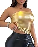 VENDAU Metallic Tube Top for Women - Stretchy Shiny Strapless Elastic Bandeau Bra Crop | Clubwear, Party, Festival, Dancing (US, Alpha, Small, Regular, Regular, Gold)