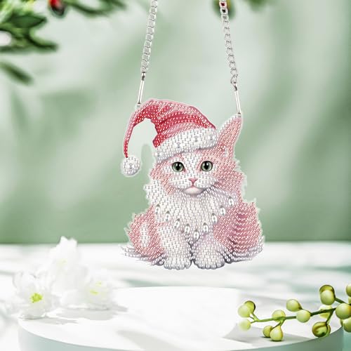 Image of DIY 5D Diamond Painting Hanging Ornament Christmas Cat Design, Crystal Rhinestone Diamond Art Pendant, Handmade Suncatcher for Home, Wall, Window, and Holiday Gift