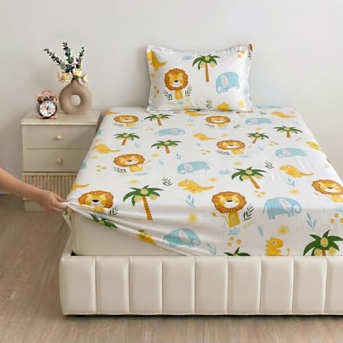 Image of Filymore White Lion Design Elastic Fitted bedsheet for Kids Room Single Bed 240 TC Soft Microfiber 1 bedsheet and 1 Pillow Cover (Size 72x36 inches) fit up to 6 inches Mattress(White)