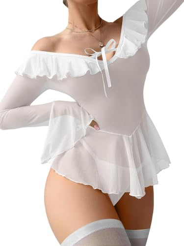 Image of Foxiny Sheer Ruffle Long Sleeve Babydoll Lingerie Dress | Off-shoulder neckline, flared cuffs and a flounce hem add movement; thong and thigh-high stockings complete the 3-piece set
