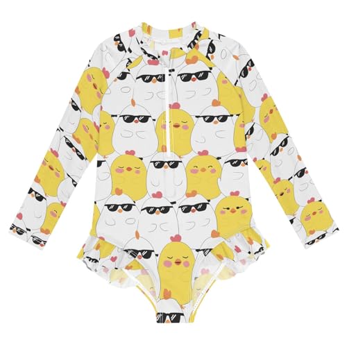 ALAZA Yellow Sunglasses Chicken Girls One Piece Swimsuit Long Sleeve Rash Guard Swimsuits UV 50+ Swimwear Zipper