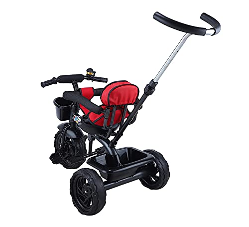 JoyRide Baby and Kid's Tricycle with Adjustable Parental Handle, Detachable Guardrail, Harness, Folding Footrest, Bearing Folding Push N Play Wheels, Dual Basket for 1 2 3 Years Old- Red, Black - Image 5