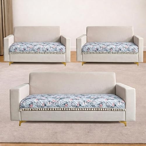 Image of Homerz Premium Printed Quilted Velvet Sofa Slip Cover Protector with Tassels, Sofa Mat, Exact Size, Antislip Cover (Grey Autumn, 7 (3+2+2) Seater, Half)