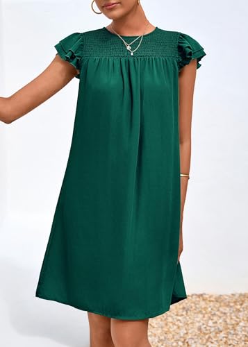 Image of KIRUNDO Wedding Guest Shift Dresses for Women Short Spring Summer Ruffle Cap Sleeve Chiffon Babydoll Flowy Mini Sundress(Dark Green, Small)