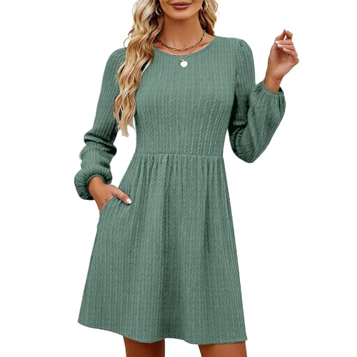 GRMLRPT Damen Langarm Rundhals Pulloverkleid Elegant Knielang Herbstkleid Casual Kleid Herbst Winter A Linien Bequem Midikleid(Grün,L)