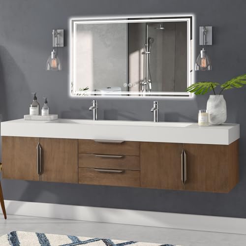 Image of 55x36 Inch Led Mirror for Bathroom with Front Light and Backlit, Bathroom Mirror with Led Lights, Vanity Mirror with Lights for Wall, Anti-Fog, Dimmable, Memory Function, Tempered Glass