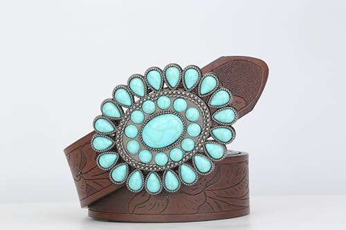 Image of FALETO Western Turquoise Belt Buckle for Men Vintage Cowboy Oval Alloy Belt Buckle