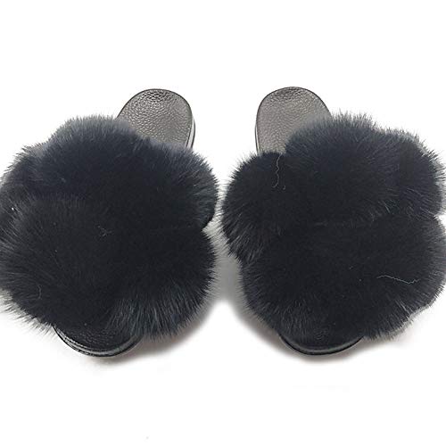 DAYISS Womens Real Fox Fur Ball Slides Flip Flop Fluffy Slippers Fuzzy Sandals Furry Slide for Women