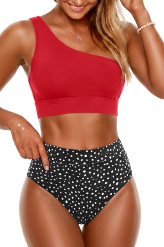 Image of Holipick Women One Shoulder High Waisted Bikini Sets Two Piece Swimsuit Tummy Control Bathing Suit Full Coverage Swimwear