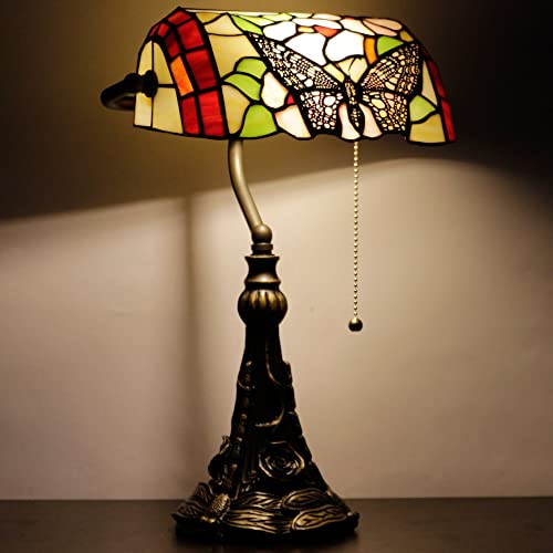 Rhlamps Banker Lamp Tiffany Desk Lamp Butterfly Flower Style Stained Glass Table Lamp, 15" Tall Luxury Memory Adjustable Piano Lamp For Living Room Bedroom #TOP2