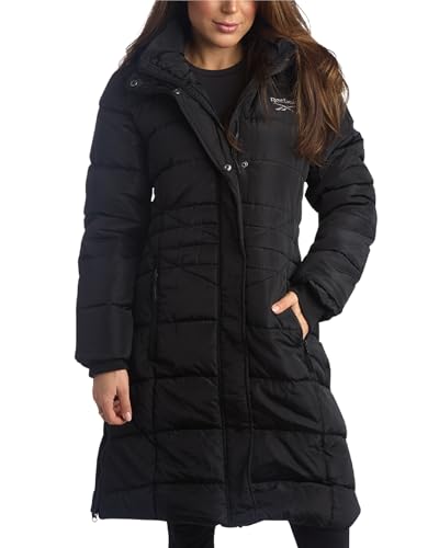 Reebok Womens Maxi Puffer Jacket - Long Length Parka - Heavyweight Wind & Water Resistant Insulated Winter Jackets for Women, Size Medium, Black