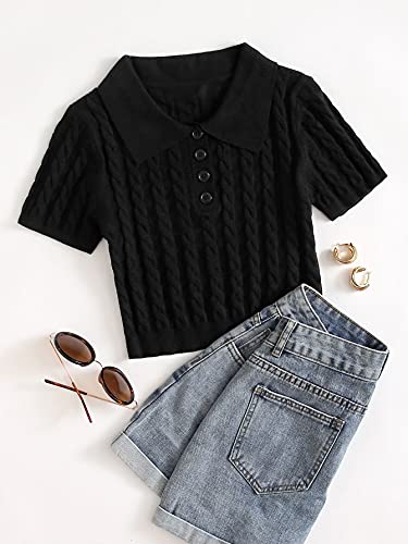 Image of Verdusa Women's Button Front Short Sleeve Cable Knit Crop Top Pullover Sweater
