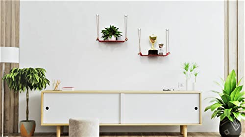 Image of Meshable Weebill Metal Wall Shelves | Wire Mesh Hanging Shelf for Home Decor | Multi Porpose Floating Shelf with Jute Rope | Durable, Modern & Stylish Wall Shelf - Single Tier (Red)