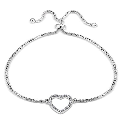 Hoops & Loops Sterling Silver Cubic Zirconia Open Heart Adjustable Bracelet
