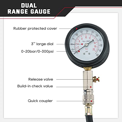 ATPEAM Kompressionsprüfer Set， Kompressionsmessgerät für Motor Kompression prüfen meßen Kfz, 0–20 Bar / 0–300 PSI, Kompressionstester mit 4 Adapter M10 M12 M14 M18 (Rot)