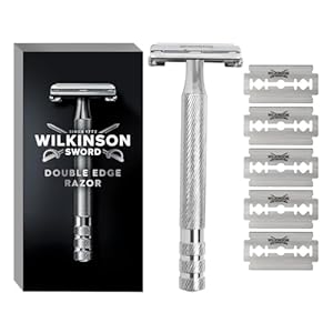 Wilkinson Sword Double Edge Razor For Men, Barber's Style Wet Shavers for a Close and Comfortable Shave, 1 Double-Sided Razor Handle plus 5 Blades Refills Pack