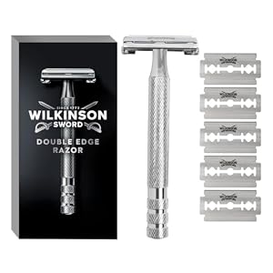 Wilkinson Sword Double Edge Razor For Men, Barber’s Style Wet Shavers for a Close and Comfortable Shave, 1 Double-Sided Razor Handle plus 5 Blades Refills Pack