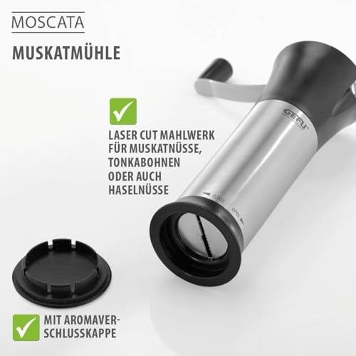 Foto von GEFU Muskatmühle MOSCATA – Gewürzmühle mit LASER CUT Mahlwerk für Muskatnuss, Tonkabohnen & Haselnüsse | Aufbewahrungsfach | Aromadeckel | Klappkurbel