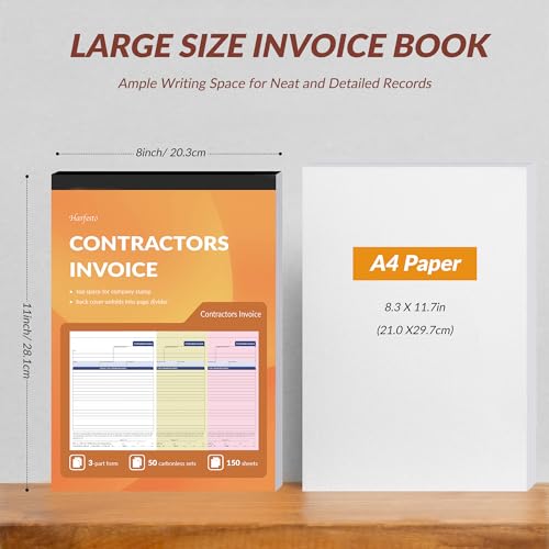 Harfesto 2 Books Large Contractor Invoice Book, Invoice Receipt Book for Small Business, 3 Part Carbonless Work Order Estimate Forms, 8x11 in, 100 Sets