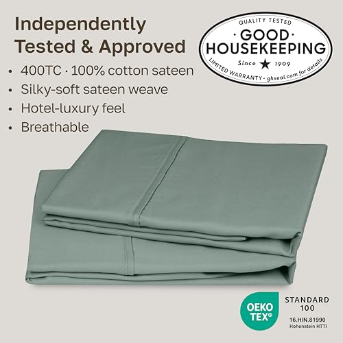 Image of California Design Den King Size Pillowcase Set - 400 Thread Count, 100% Cotton Sateen, Set of 2 Pillow Covers, Soft and Breathable - Sage Green